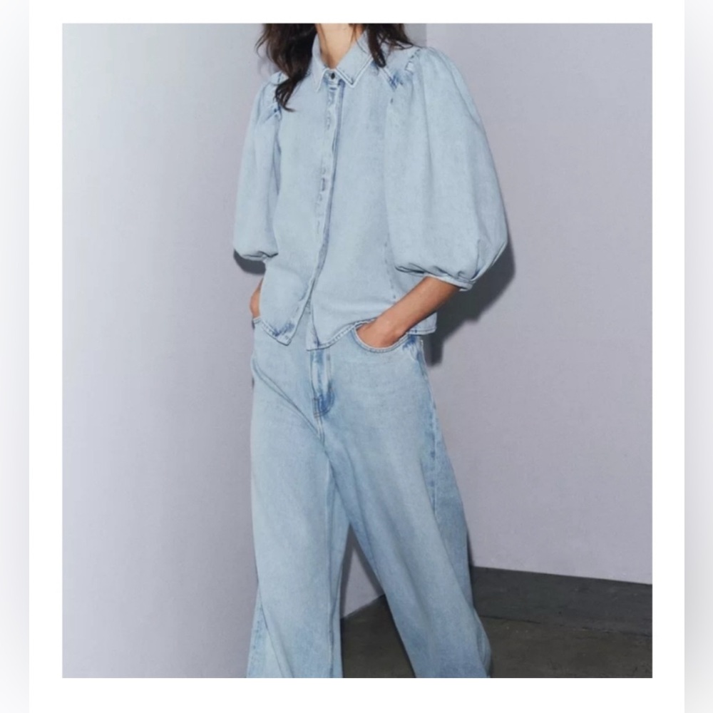 NWT ZARA Collection Light Blue Denim Shirt With Puffed Sleeves - Picture 3 of 6
